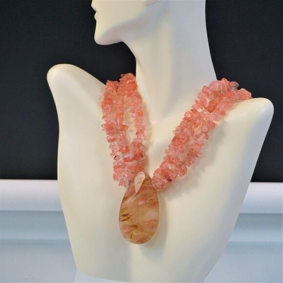 Pink And Gold Agate Pendant 3 Strands Rose Quartz Necklace Natural Stones - Picture 1 of 7